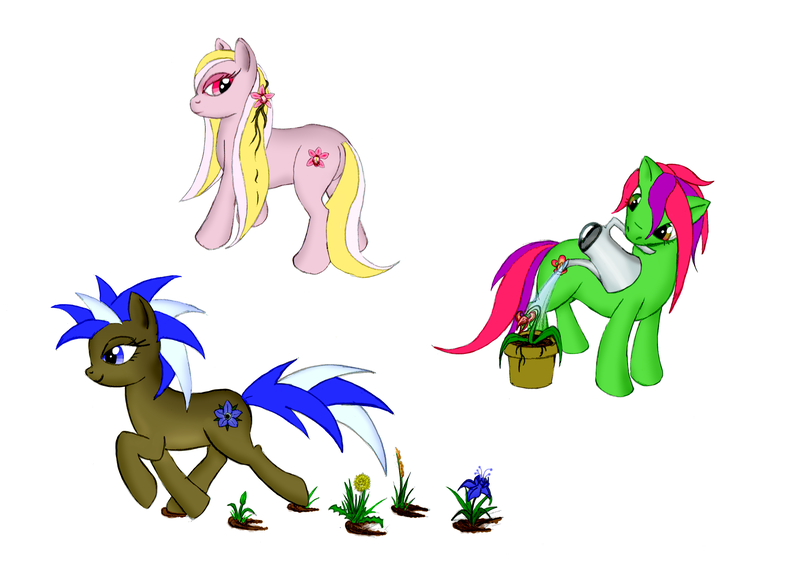 Size: 2922x2052 | Tagged: safe, artist:runic-scribe, derpibooru import, daisy, flower wishes, lily, lily valley, roseluck, oc, oc:orchid, oc:snapdragon, oc:wild flower, earth pony, earth pony oc, flower, flower in hair, flower trio, looking back, looking down, watering can