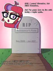 Size: 3000x4000 | Tagged: suggestive, artist:thealjavis, derpibooru import, moondancer, comic:no nut moondancer, equestria girls, cute, floating head, gravestone, humor, implied castration, implied futa, solo