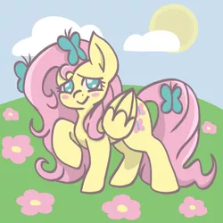 Size: 1000x1000 | Tagged: safe, artist:essehm2u, derpibooru import, fluttershy, butterfly, insect, pegasus, pony, blush sticker, blushing, cute, female, flower, folded wings, grass, hair accessory, looking at you, mare, no pupils, outdoors, raised hoof, shyabetes, sky, smiling, standing, sun, three quarter view, wings