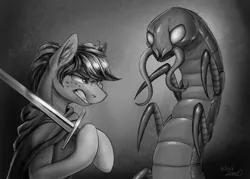 Size: 3409x2436 | Tagged: safe, artist:helmie-art, derpibooru import, oc, oc:karoline skies, unofficial characters only, centipede, insect, pony, cape, clothes, ear fluff, female, freckles, giant insect, grayscale, gritted teeth, mare, monochrome, monster, solo, sword, weapon