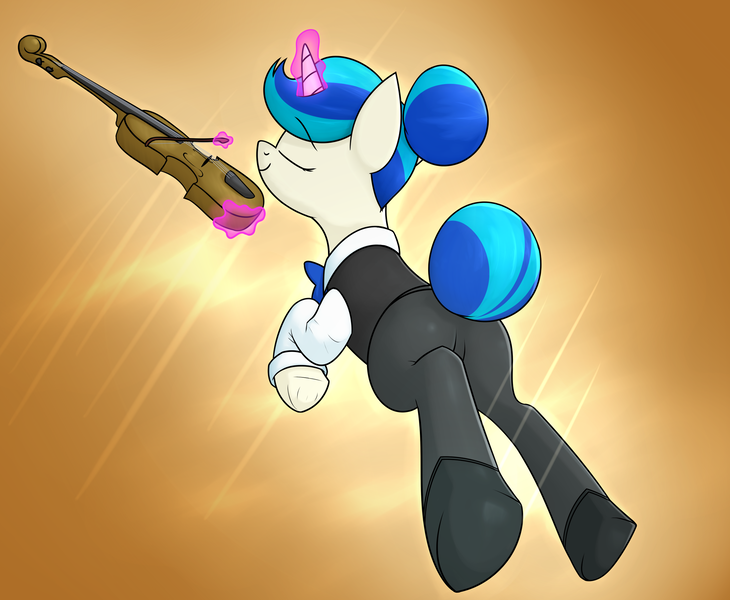 Size: 2613x2148 | Tagged: safe, artist:moonatik, derpibooru import, vinyl scratch, pony, unicorn, abstract background, alternate costumes, alternate hairstyle, bowtie, clothes, eyes closed, female, hair bun, levitation, magic, mare, musical instrument, out of character, playing instrument, shirt, shoes, smiling, solo, tail bun, telekinesis, underhoof, vinyl class, violin, waistcoat