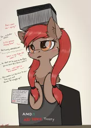 Size: 1057x1486 | Tagged: safe, artist:orang111, derpibooru import, edit, oc, oc:a-10, oc:trinity, ponified, unofficial characters only, object pony, original species, pony, amd, blushing, box, chest fluff, computer, cooler, cooling fan, cpu, cpu pony, dialogue, ear fluff, eyelashes, female, freckles, long hair, mare, offscreen character, price tag, signature, solo, talking, translation