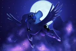 Size: 7500x5000 | Tagged: safe, artist:mittz-the-trash-lord, derpibooru import, princess luna, alicorn, pony, absurd file size, absurd resolution, chromatic aberration, crown, ethereal mane, female, flying, full moon, galaxy mane, jewelry, mare, moon, night, night sky, redraw, regalia, sky, solo, spread wings, starry night, stars, wings