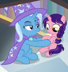 Size: 620x658 | Tagged: suggestive, derpibooru import, edit, edited screencap, screencap, raspberry dazzle, trixie, pony, the ending of the end, bedroom eyes, female, filly, grin, holding a pony, image, implied foalcon, lidded eyes, png, smiling, underage
