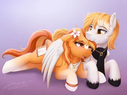 Size: 1024x768 | Tagged: safe, artist:novaintellus, derpibooru import, oc, oc:serenity, oc:white feather, unofficial characters only, pegasus, pony, female, flower, flower in hair, hug, jewelry, lidded eyes, lying down, male, mare, married couple, necklace, oc x oc, open mouth, ring, serenither, shipping, smiling, stallion, straight, wedding ring, winghug