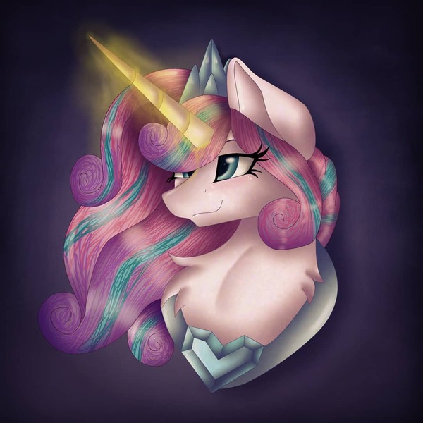 Size: 1080x1080 | Tagged: safe, artist:rxndxm.artist, derpibooru import, princess flurry heart, alicorn, pony, bust, eyelashes, female, glowing horn, horn, jewelry, mare, older, older flurry heart, peytral, smiling, solo, tiara