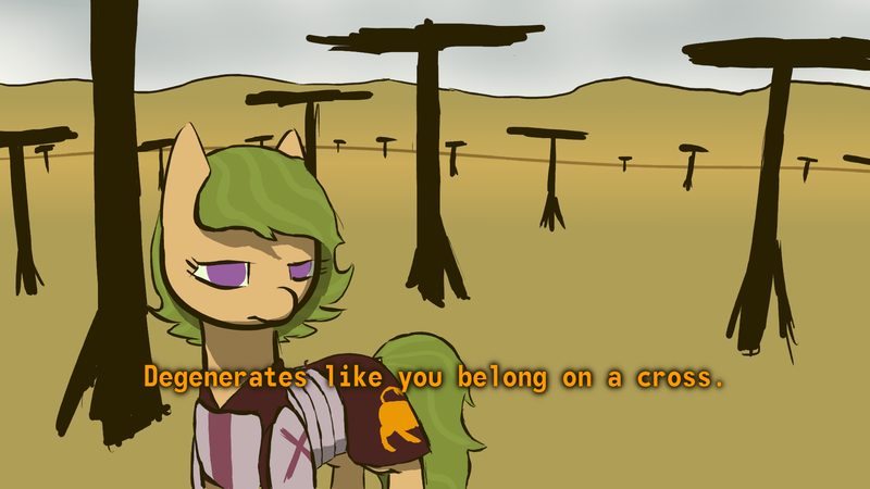 Size: 1920x1080 | Tagged: safe, artist:sunberry, derpibooru import, oc, oc:sunberry, unofficial characters only, earth pony, pony, armor, clothes, crucifix, crucifixion, desert, disgusted, fallout, fallout: new vegas, female, frown, green hair, meme, purple eyes, scenery, solo, text