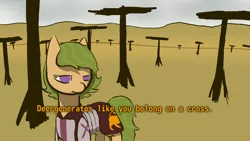 Size: 1920x1080 | Tagged: safe, alternate version, artist:sunberry, derpibooru import, oc, oc:sunberry, unofficial characters only, earth pony, pony, armor, clothes, crucifix, crucifixion, desert, disgusted, fallout, fallout: new vegas, female, frown, green hair, meme, purple eyes, racism, scenery, solo, text