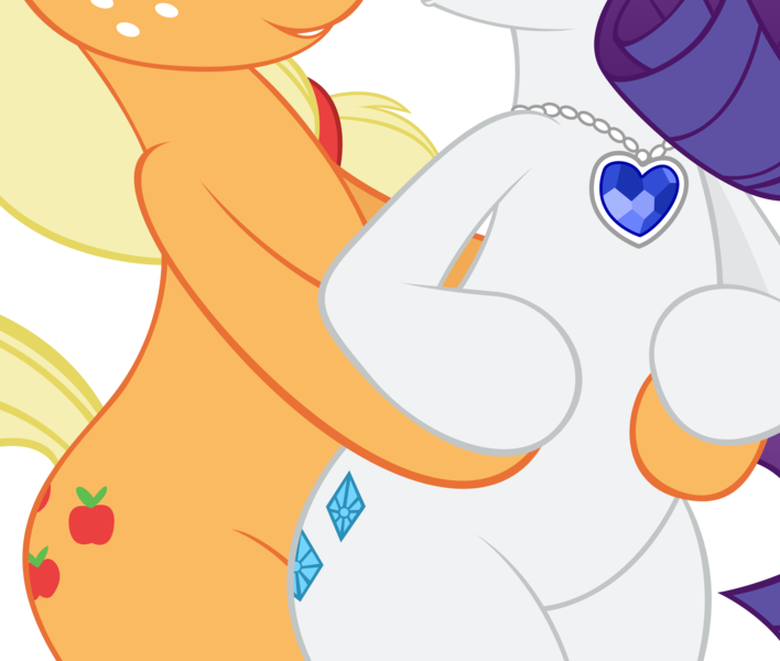 Size: 5096x4319 | Tagged: safe, artist:alexpony, artist:joey darkmeat, derpibooru import, edit, vector edit, applejack, rarity, earth pony, pony, unicorn, belly, bipedal, cropped, female, hooves on belly, jewelry, lesbian, necklace, pictures of bellies, rarijack, shipping, simple background, smiling, transparent background, vector