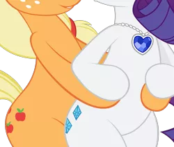 Size: 5096x4319 | Tagged: safe, artist:alexpony, artist:joey darkmeat, derpibooru import, edit, vector edit, applejack, rarity, earth pony, pony, unicorn, belly, bipedal, cropped, female, hooves on belly, jewelry, lesbian, necklace, pictures of bellies, rarijack, shipping, simple background, smiling, transparent background, vector