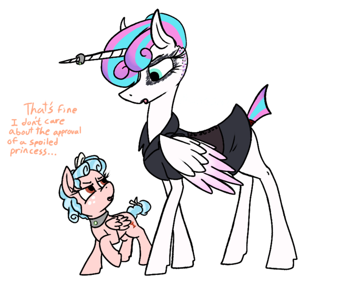 Size: 921x760 | Tagged: safe, artist:thebathwaterhero, derpibooru import, cozy glow, princess flurry heart, alicorn, pegasus, pony, chains, collar, dialogue, female, filly, goth, horn, horn ring, jewelry, princess emo heart, ring, simple background, teenage flurry heart, teenager, text, transparent background