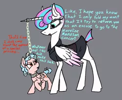 Size: 921x760 | Tagged: safe, alternate version, artist:thebathwaterhero, derpibooru import, cozy glow, princess flurry heart, alicorn, pegasus, pony, chains, collar, dialogue, female, filly, goth, gray background, horn, horn ring, jewelry, princess emo heart, ring, simple background, teenage flurry heart, teenager, text