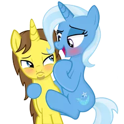 Size: 1739x1739 | Tagged: safe, artist:grapefruitface1, derpibooru import, trixie, oc, oc:grapefruit face, pony, unicorn, base used, bedroom eyes, blushing, canon x oc, clinging, female, grapexie, hoof on chest, hug, looking at each other, male, shipping, simple background, straight, transparent background
