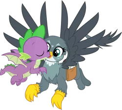Size: 2568x2324 | Tagged: safe, artist:dashiesparkle, artist:dragonchaser123, derpibooru import, edit, gabby, spike, dragon, gryphon, the fault in our cutie marks, .ai available, bag, cute, female, gabbybetes, kissing, kissy face, male, saddle bag, shipping, simple background, spabby, straight, transparent background, vector, winged spike