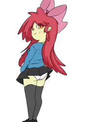 Size: 1000x1414 | Tagged: suggestive, alternate version, artist:happy harvey, derpibooru import, apple bloom, human, equestria girls, blushing, bow, clothes, drawn on phone, female, hair bow, jewelry, looking back, necklace, panties, simple background, skirt, smiling, socks, solo, solo female, thigh highs, transparent background, underwear, upskirt, white underwear