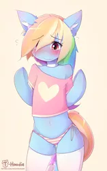 Size: 1150x1831 | Tagged: suggestive, artist:apony, derpibooru import, rainbow dash, pegasus, pony, semi-anthro, blushing, clothes, cute, dashabetes, ear fluff, female, heart, mare, shirt, socks, solo, striped underwear, t-shirt, thigh highs, underwear