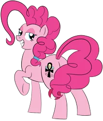 Size: 2249x2640 | Tagged: safe, artist:feralroku, derpibooru import, pinkie pie, oc, oc:giggles, unofficial characters only, earth pony, derpibooru community collaboration, 2021 community collab, ankh, balloonbutt, bedroom eyes, behind, butt, clone, disguise, disguised changeling, irc, pincer, pinkie clone, plot, simple background, smiling, solo, transparent background