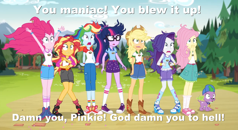 Size: 1920x1049 | Tagged: safe, derpibooru import, edit, edited screencap, screencap, applejack, fluttershy, pinkie pie, rainbow dash, rarity, sci-twi, spike, spike the regular dog, sunset shimmer, twilight sparkle, dog, equestria girls, legend of everfree, charlton heston, clothes, converse, humane five, humane seven, humane six, messy hair, movie reference, planet of the apes, shoes