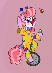 Size: 642x900 | Tagged: safe, artist:slamjam, derpibooru import, pony, clothes, clown, juggling, looking at you, open mouth, pink background, simple background, solo, unicycle