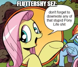 Size: 504x438 | Tagged: safe, derpibooru import, edit, idw, fluttershy, rainbow dash, pegasus, pony, advice, advice meme, bad advice fluttershy, caption, comic, drama, drama bait, exploitable meme, female, g4 purist, image, mare, meme, nature is so fascinating, obligatory pony, op can't let go, op has an opinion, op is a slowpoke, op let it go, png, pony life drama, solo focus, swearing, text, vulgar