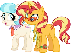 Size: 1024x768 | Tagged: safe, artist:emeraldblast63, derpibooru import, coco pommel, sunset shimmer, earth pony, pony, unicorn, cute, duo, female, glasses, mare, measuring tape, pincushion, shimmerbetes, simple background, transparent background