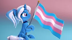 Size: 1920x1080 | Tagged: safe, artist:psfmer, derpibooru import, trixie, pony, unicorn, 3d, alternate hairstyle, babysitter trixie, clothes, cute, diatrixes, flag, gender headcanon, headcanon, hoodie, lgbt headcanon, ponytail, pride, pride flag, sitting, smiling, source filmmaker, trans trixie, transgender, transgender pride flag