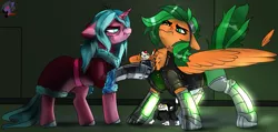 Size: 4535x2160 | Tagged: safe, artist:brainiac, derpibooru import, oc, oc:atom smasher, oc:candy chip, oc:torpedo, cyborg, pegasus, pony, unicorn, the sunjackers, coffee, cyberpunk, female, lesbian, male, mare, shipping