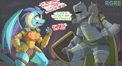 Size: 6321x3464 | Tagged: safe, artist:nignogs, derpibooru import, princess ember, oc, oc:anon, anthro, dragon, human, /mlp/, 4chan, argument, armor, cameltoe, cape, clothes, dialogue, helmet, knight, mace, reversed gender roles equestria, reversed gender roles equestria general, sharp teeth, shield, speech bubble, teeth, thighs, weapon
