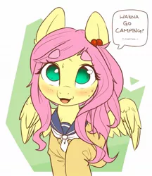 Size: 1051x1218 | Tagged: safe, artist:bunchedupletters, derpibooru import, fluttershy, pegasus, pony, :3, abstract background, alternate hairstyle, aoi inuyama, beanbrows, blushing, bronybait, clothes, cute, daaaaaaaaaaaw, eyebrows, hair beads, hair tie, looking at you, open mouth, otakushy, sailor uniform, school uniform, shyabetes, snaggletooth, solo, speech bubble, spread wings, sweat, sweet dreams fuel, talking to viewer, uniform, weapons-grade cute, wings, yuru camp