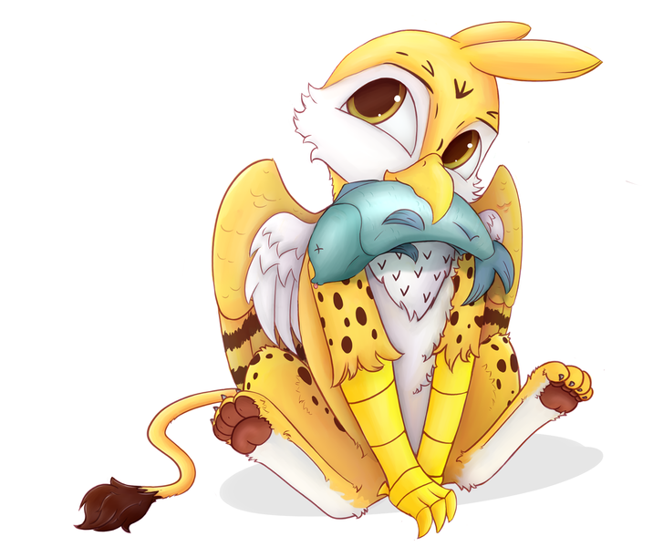 Size: 2107x1765 | Tagged: safe, artist:s.l.guinefort, derpibooru import, oc, unofficial characters only, cheetah, fish, gryphon, beak, chest fluff, claws, digital art, feather, fluffy, griffon oc, male, paw pads, simple background, sitting, solo, white background