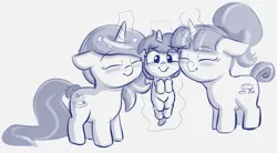 Size: 1356x746 | Tagged: safe, artist:heretichesh, derpibooru import, oc, oc:new, oc:zew, oc:zippi, pony, unicorn, female, filly, foal, hairband, happy, levitation, magic, magic aura, siblings, sisters, snuggling, tail wrap, telekinesis