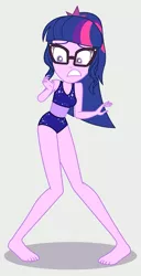 Size: 1437x2816 | Tagged: safe, alternate version, artist:draymanor57, derpibooru import, sci-twi, twilight sparkle, equestria girls, barefoot, belly button, clothes, feet, one-piece swimsuit, sleeveless, solo, swimsuit, swimsuit edit, vector