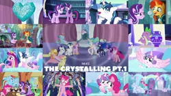 Size: 1978x1113 | Tagged: safe, derpibooru import, edit, edited screencap, editor:quoterific, screencap, applejack, fluttershy, pinkie pie, princess cadance, princess celestia, princess flurry heart, princess luna, rainbow dash, rarity, shining armor, spike, starlight glimmer, sunburst, twilight sparkle, alicorn, the crystalling, cracked armor, crystal heart, library, mane seven, mane six, mobile, train, twilight's castle, twilight's castle library, twilight sparkle (alicorn)