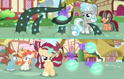 Size: 1024x655 | Tagged: safe, artist:velveagicsentryyt, derpibooru import, oc, oc:bloss brook, oc:shine bright, oc:shining arrow, oc:star wishes, oc:sunlay, unofficial characters only, pony, unicorn, female, filly, offspring, parent:fire streak, parent:flash magnus, parent:meadowbrook, parent:mistmane, parent:rockhoof, parent:somnambula, parent:star swirl the bearded, parent:starlight glimmer, parent:sunburst, parent:sunset shimmer, parents:magnambula, parents:mistswirl, parents:rockbrook, parents:starburst, parents:sunsetstreak