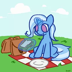 Size: 2500x2500 | Tagged: safe, artist:bilayer, derpibooru import, trixie, pony, unicorn, cute, eating, food, happy, lunch bag, magic, no pupils, picnic blanket, sandwich, solo, telekinesis