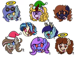 Size: 2000x1500 | Tagged: safe, artist:dawn-designs-art, derpibooru import, oc, oc:doodles, oc:dynasty, oc:fernando, oc:maz, oc:sandy shoals, oc:saucy socks, oc:steve, bat pony, earth pony, kirin, pegasus, pony, unicorn, :p, angel halo, candy, candy cane, chibi, christmas, commission, elf hat, food, hat, holiday, oc unknown, santa hat, tongue out