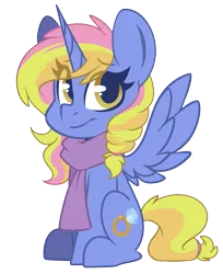 Size: 551x676 | Tagged: safe, artist:sakukitty, derpibooru import, oc, oc:platinum band, unofficial characters only, alicorn, pony, derpibooru community collaboration, 2021 community collab, alicorn oc, clothes, female, horn, mare, patreon, patreon reward, scarf, simple background, solo, transparent background, wings