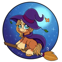 Size: 2000x2000 | Tagged: safe, artist:dawn-designs-art, derpibooru import, oc, oc:june bud, unofficial characters only, unicorn, broom, commission, flying, flying broomstick, hat, nightmare night, solo, witch, witch hat