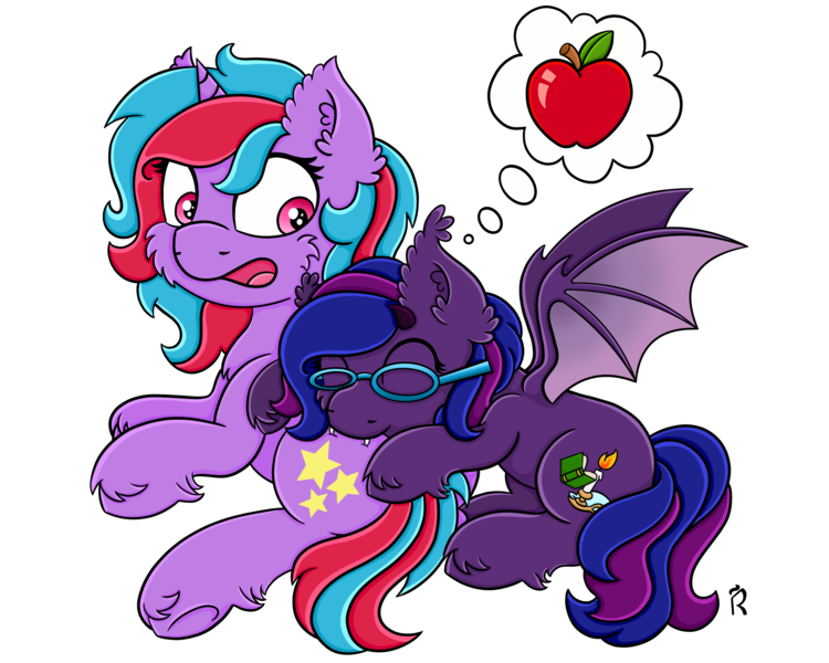 Size: 2500x2000 | Tagged: safe, artist:dawn-designs-art, derpibooru import, oc, oc:cosmic spark, oc:velvet daydream, unofficial characters only, bat pony, pony, unicorn, apple, biting, fangs, food, glasses, happy, lying down, nom, shocked, simple background, surprised, thought bubble, transparent background