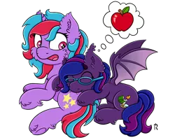 Size: 2500x2000 | Tagged: safe, artist:dawn-designs-art, derpibooru import, oc, oc:cosmic spark, oc:velvet daydream, unofficial characters only, bat pony, pony, unicorn, apple, biting, fangs, food, glasses, happy, lying down, nom, shocked, simple background, surprised, thought bubble, transparent background