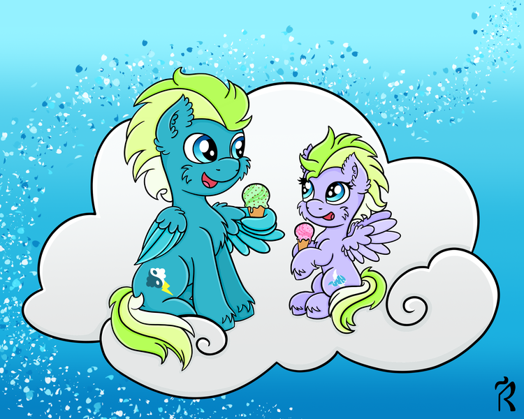 Size: 2500x2000 | Tagged: safe, artist:dawn-designs-art, derpibooru import, oc, oc:freefall, oc:swiftwings, pegasus, pony, abstract background, cloud, commission, cute, father and child, father and daughter, female, filly, food, happy, ice cream, male, stallion