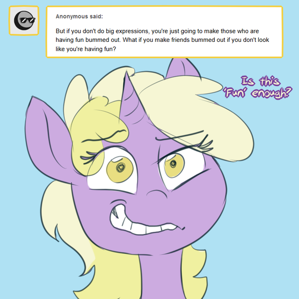 Size: 750x750 | Tagged: safe, artist:jitterbugjive, derpibooru import, dinky hooves, pony, unicorn, lovestruck derpy, blue background, crazy face, cute, dinkabetes, faic, female, filly, forced smile, insanity, messy mane, simple background, smiling, solo
