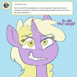 Size: 750x750 | Tagged: safe, artist:jitterbugjive, derpibooru import, dinky hooves, pony, unicorn, lovestruck derpy, blue background, crazy face, cute, dinkabetes, faic, female, filly, forced smile, insanity, messy mane, simple background, smiling, solo