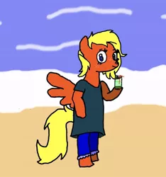 Size: 650x694 | Tagged: safe, artist:whistle blossom, deleted from derpibooru, derpibooru import, oc, oc:whistle blossom, unofficial characters only, pegasus, pony, semi-anthro, beach, cute, drink, female, holding, mare, ocbetes, smiling at you, water