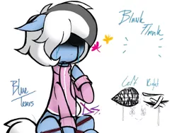 Size: 1152x864 | Tagged: semi-grimdark, artist:dsstoner, derpibooru import, oc, oc:blue tears, butterfly, earth pony, insect, pony, bandage, blank flank, blood, body horror, clothes, crying, drool, hair over eyes, implied self harm, reference sheet, scar, sharp teeth, string, teeth, track jacket