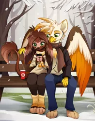 Size: 1214x1548 | Tagged: safe, artist:aseethe, derpibooru import, oc, oc:cocoa (gindo), oc:ember burd, unofficial characters only, anthro, gryphon, beak, bench, big ears, chest fluff, chocolate, clothes, coffee cup, colored wings, couple, cozy, cup, earbuds, eared griffon, food, furry, furry oc, gindo, gradient wings, griffon oc, hot chocolate, leggings, leg warmers, listening to music, mobile phone, multicolored wings, paws, phone, scarf, sharing, sitting, snow, snowfall, tail, talons, wholesome, wings