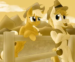 Size: 2400x1997 | Tagged: safe, artist:sixes&sevens, derpibooru import, applejack, braeburn, earth pony, applejack's hat, braeburn's hat, cousins, cowboy hat, crossed hooves, desert, fence, freckles, hat, leaning, leaning on fence, monochrome, mountain, mountain range