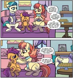 Size: 1091x1159 | Tagged: safe, artist:nanook123, derpibooru import, idw, aunt holiday, auntie lofty, scootaloo, earth pony, pegasus, pony, spoiler:comic, spoiler:comic93, comic, couch, female, filly, mare, season 10