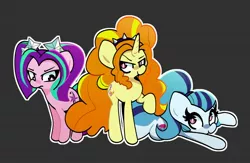 Size: 2500x1632 | Tagged: safe, artist:kindakismet, derpibooru import, adagio dazzle, aria blaze, sonata dusk, ponified, earth pony, pony, unicorn, equestria girls, curly mane, cute, hairband, long mane, pigtails, ponytail, silly, sonatabetes, the dazzlings