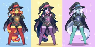 Size: 3040x1520 | Tagged: safe, artist:traupa, derpibooru import, sunset shimmer, trixie, twilight sparkle, anthro, unguligrade anthro, unicorn, anime, anime style, breasts, clothes, cutie mark, cutie mark on clothes, female, gloves, hat, long gloves, open mouth, socks, stockings, thigh highs, trio, trio female, unicorn twilight, witch, witch hat